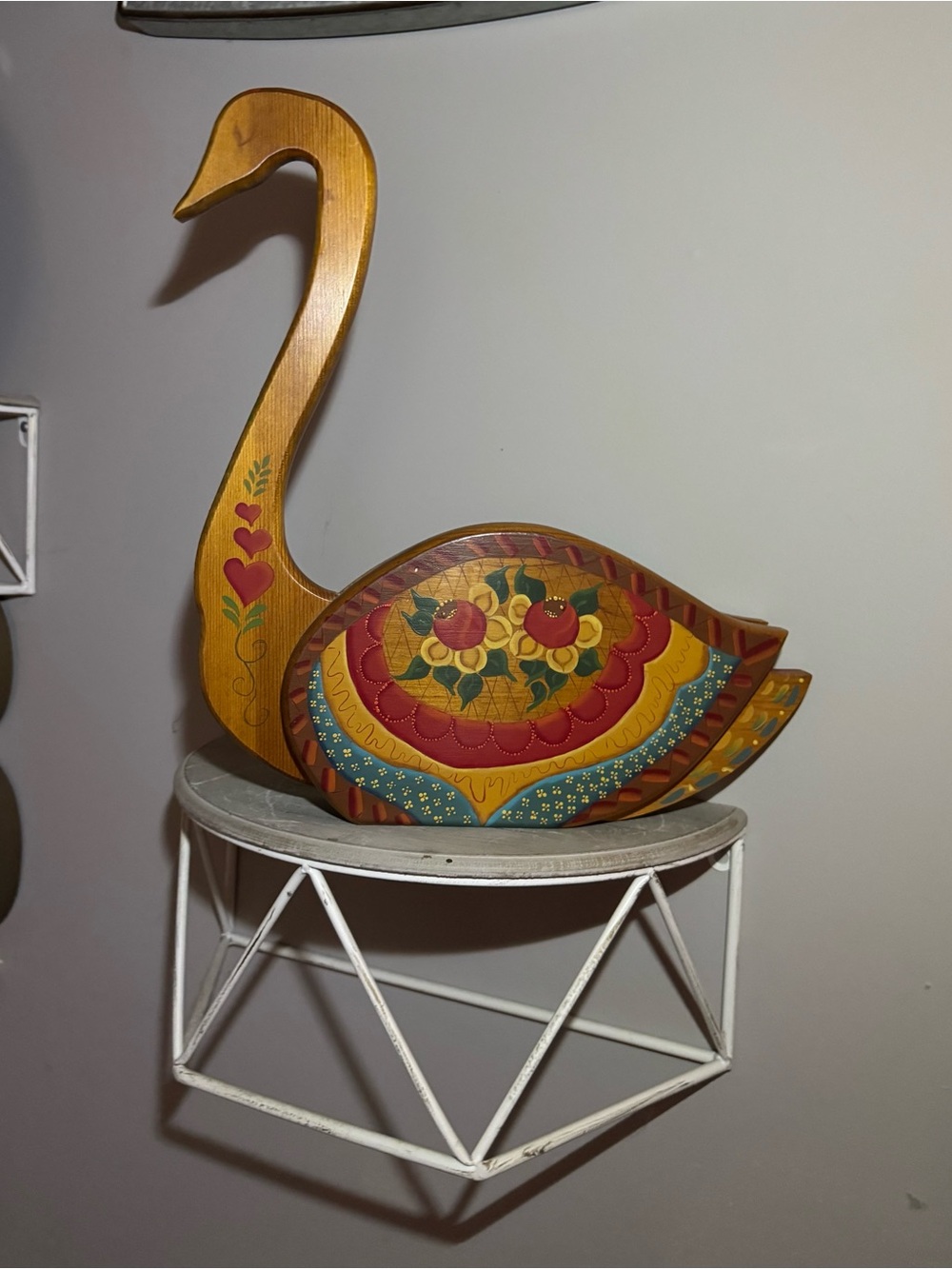 Vintage Hand Painted Wooden Swan Decor Folk Art Floral Scandinavian Style